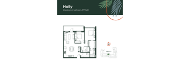 A floor plan of a property named Holly with 2 bedrooms and 2 bathrooms and 977 square feet.