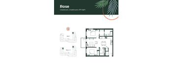 A floor plan of a Rose apartment with 2 bedrooms and 2 bathrooms.