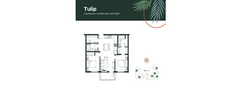 A floor plan of a 2 bedroom, 2 bathroom apartment that is 842 square feet.