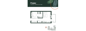 A floor plan for a one bedroom, one bathroom apartment of 444 square feet.