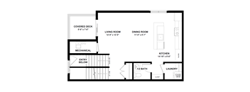 A floor plan of a house with a covered deck, living room, dining room, kitchen, bathroom, and laundry.