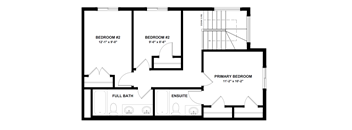 A black and white image of a floor plan for a home with two bedrooms, a full bath, and an ensuite.