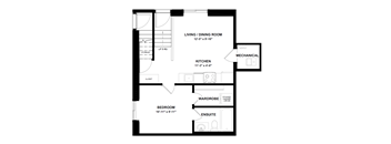 A black and white image of a floor plan for a small apartment.