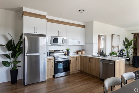 A modern kitchen with wooden cabinets and stainless steel appliances.at The Pointe at Riverview, Edmonton, AB T6M 3H4
