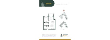A floor plan for a property named Zinnia shows a 1 bedroom, 1 bathroom, 600 SqFt layout.