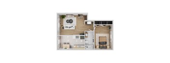 A top-down view of a modern apartment layout with a living room, kitchen, and bathroom.