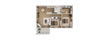 A top-down view of a small apartment with a kitchen, living room, and bathroom.