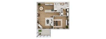 A top-down view of a modern apartment with a kitchen, living room, and bathroom.