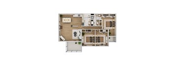 A top-down view of a modern apartment layout with a kitchen, living room, dining area, and bedrooms.