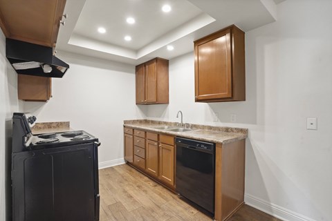 A kitchen with a black fridge, black oven, wooden cabinets and a marble counter top.
