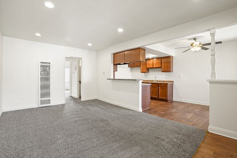 A spacious room with a grey carpet and wooden floors.