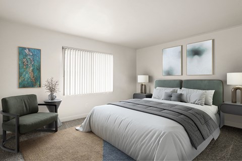 A bedroom with a large bed, a chair, and a painting on the wall.