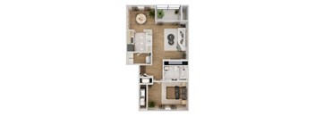 A top-down view of a small apartment with a kitchen, living room, and bedroom.