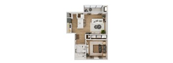 A top-down view of a small apartment with a kitchen, living room, and bedroom.