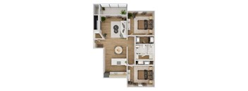 A top-down view of a modern apartment layout with a living room, kitchen, and two bedrooms.