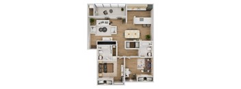 A floor plan of a modern apartment with a kitchen, living room, and bathroom.