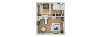 A top-down view of a small apartment with a bed, a couch, a kitchen, and a bathroom.