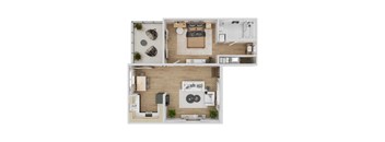 A top-down view of a modern apartment with a living room, kitchen, and bedroom.