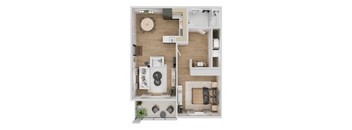 A top-down view of a small apartment with a kitchen, living room, and bathroom.