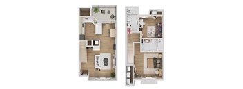 Two images of a house layout with a kitchen, living room, and bathroom.
