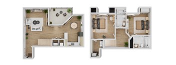 A floor plan of a two-story house with a living room, kitchen, and bedrooms.
