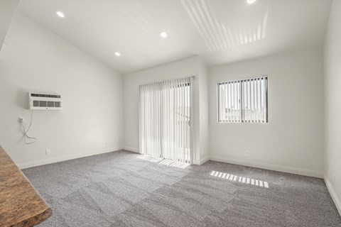 A spacious room with a carpeted floor and two windows with curtains.