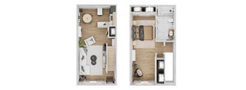 A top down view of a small apartment with a living room and bedroom.