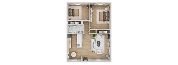 A top-down view of a small apartment with a kitchen, living room, and bathroom.