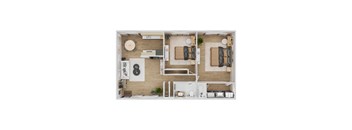 A top-down view of a modern apartment with two bedrooms, a living area, and a kitchen.