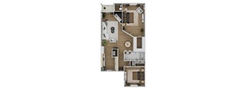 A floor plan of a two-bedroom apartment with a living room, kitchen, and bathroom.