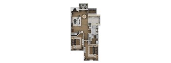 A floor plan of a house with a kitchen, living room, and two bedrooms.