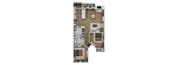 A top-down view of a small apartment with a kitchen, living room, and bedroom.