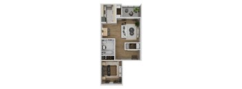 A floor plan of a small apartment with a kitchen, living room, and bathroom.