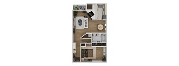 A top-down view of a modern apartment layout with a living room, kitchen, and bedroom.