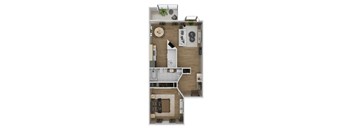 A floor plan of a small apartment with a kitchen, living room, and bedroom.