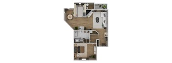 A top-down view of a modern apartment layout with a living room, kitchen, dining area, and bedrooms.