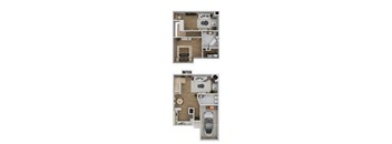 A floor plan of a two-story apartment with a living room, kitchen, and bedrooms.