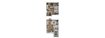 Two images of a house layout with a kitchen, living room, and bathroom.