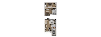 Two images of a house plan with a kitchen, living room, and bathroom.