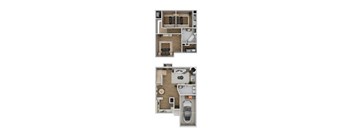 A floor plan of a two-bedroom apartment with a kitchen and living room.