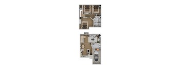 Two floor plan images of a house with a kitchen, living room, bedrooms and bathrooms.