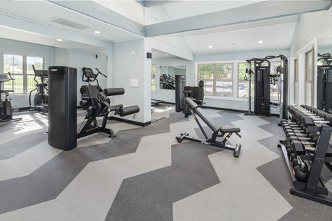 A spacious gym with a variety of equipment including treadmills, weights, and exercise machines.