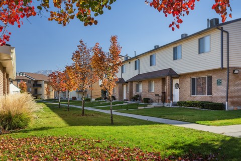 A row of houses with trees in autumn colors in front.