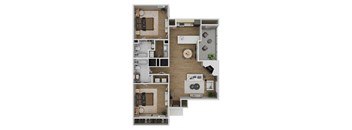 A floor plan of a two-story apartment with a living room, kitchen, and two bedrooms.