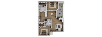 A top-down view of a living room, kitchen, and bathroom.
