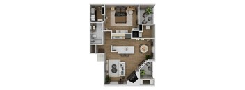 A top-down view of a small apartment with a kitchen, living room, and bathroom.
