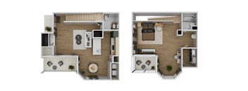 A floor plan of a two-story apartment with a living room, kitchen, and bedrooms.