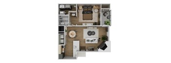 A top-down view of a small apartment with a kitchen, living room, and bedroom.