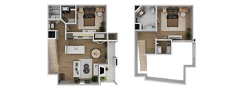 Two floor plan images of a house with a kitchen, living room, bedrooms and bathrooms.