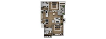 A top-down view of a modern apartment layout with a kitchen, living room, and bedrooms.